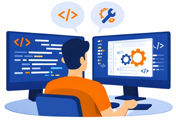 Sviluppo API e personalizzazioni software con programmatore davanti a doppio monitor e codice, illustrazione moderna flat