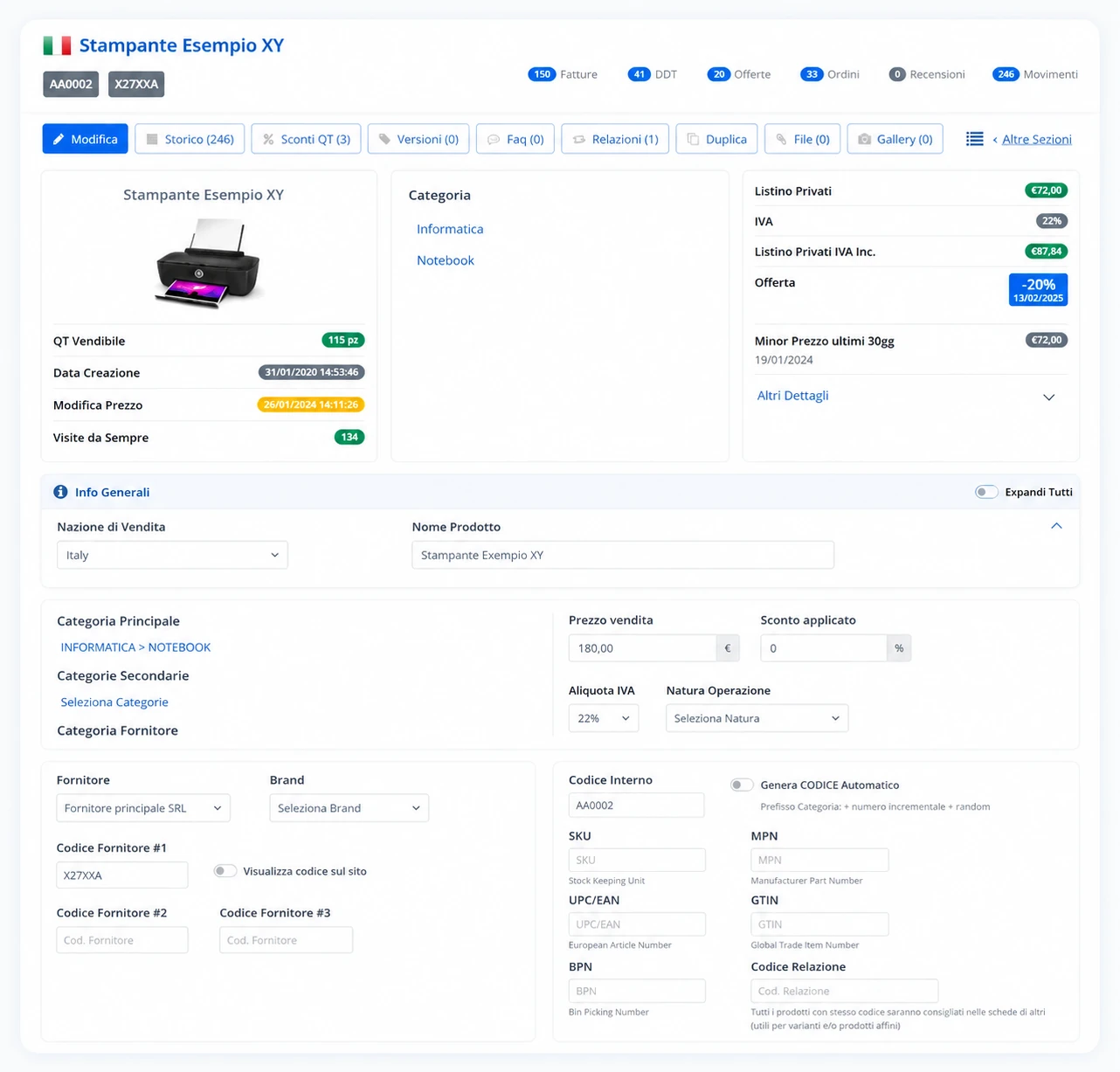 Dashboard gestione prodotti ecommerce con listino, prezzi, giacenze e catalogo prodotti nel software Pcommerce