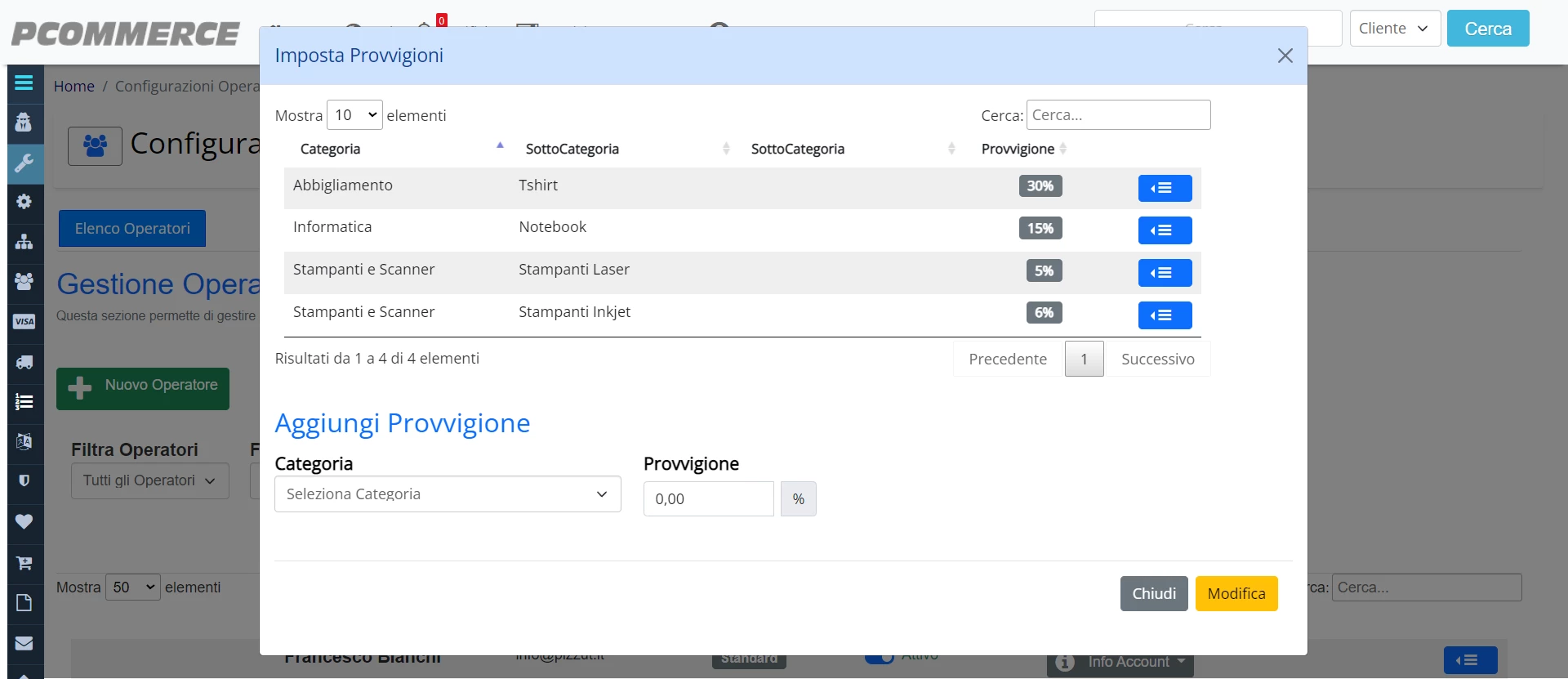 Impostazioni Provvigioni