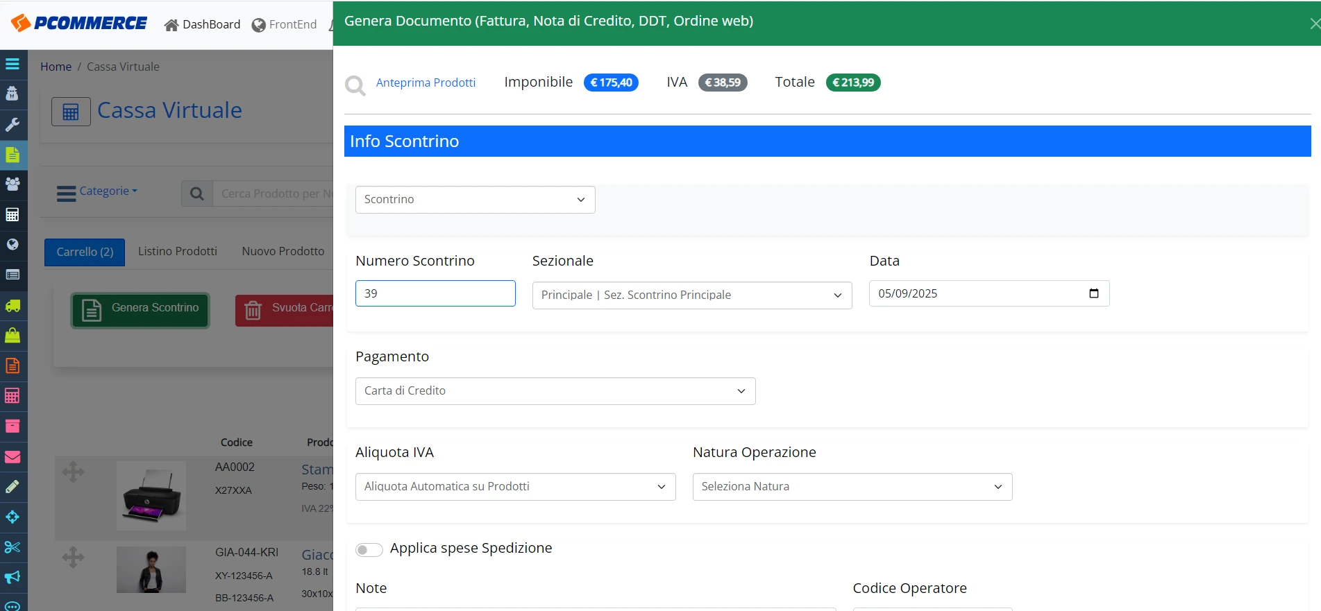 Cassa Virtuale - Generazione Scontrino