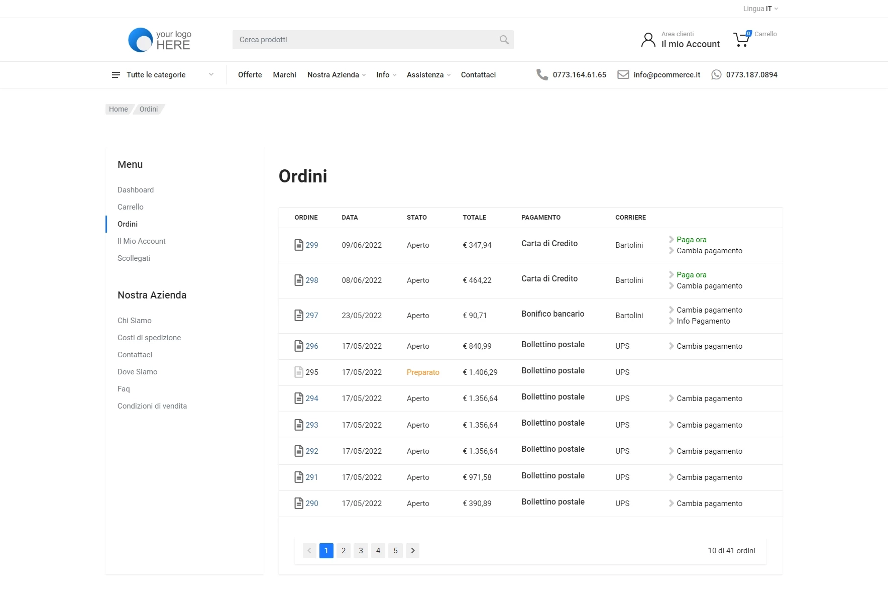 POS pagamento carta di credito elenco Ordini