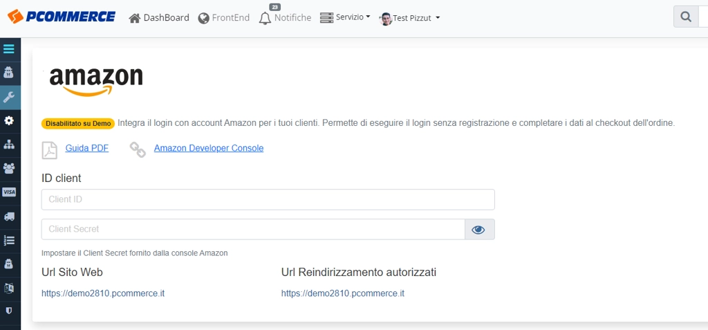 Impostazioni Api Amazon Login